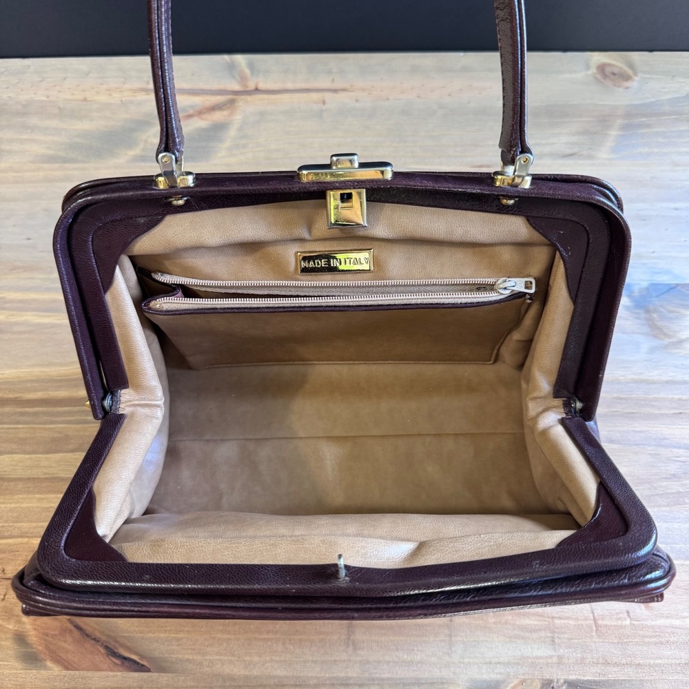 Vintage Italian Leather Frame Bag - Structured Burgundy Top Handle Satchel 70s - Picture 7 of 14
